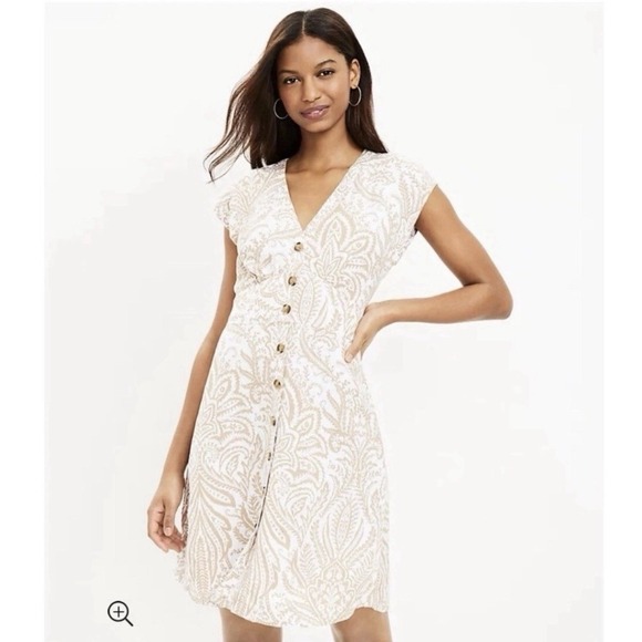 Tops - Ann Taylor LOFT Sheath Shirt Dress Sz 4P Linen Blend Button Front Paisley Beige